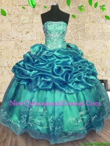 High Class Sleeveless Organza and Taffeta Floor Length Lace Up Quinceanera Dress inTurquoise withBeading and Ruffles