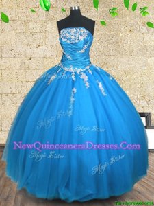 Wonderful Floor Length Blue 15th Birthday Dress Strapless Sleeveless Lace Up