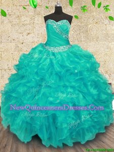 Dynamic Floor Length Turquoise Quince Ball Gowns Organza Sleeveless Spring and Summer and Fall and Winter Beading
