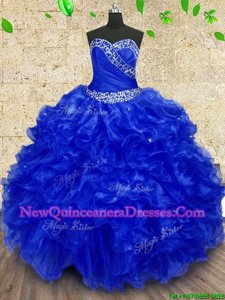 Stunning Royal Blue Ball Gowns Beading and Ruffles and Ruching Ball Gown Prom Dress Lace Up Organza Sleeveless Floor Length