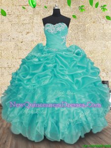 Fashionable Aqua Blue Organza Lace Up Sweetheart Sleeveless Floor Length Quinceanera Dresses Beading and Ruffles and Ruching
