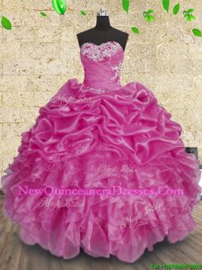 High Class Fuchsia Sleeveless Floor Length Beading and Appliques and Ruffles and Ruching Lace Up 15th Birthday Dress