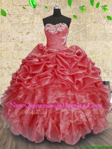 Sexy Sleeveless Floor Length Beading and Appliques and Ruffles and Ruching Lace Up Quinceanera Dress with Coral Red