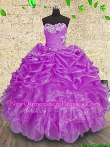 Beauteous Organza Sweetheart Sleeveless Lace Up Beading and Appliques and Ruffles and Ruching Quinceanera Gown inPurple