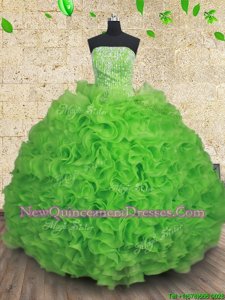Gorgeous Spring Green Organza Lace Up Strapless Sleeveless Floor Length Vestidos de Quinceanera Beading and Ruffles