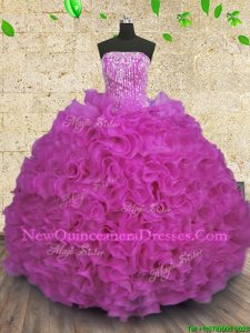 Dramatic Floor Length Fuchsia Quinceanera Dresses Strapless Sleeveless Lace Up