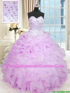 Low Price Floor Length Lilac 15 Quinceanera Dress Organza Sleeveless Spring and Summer and Fall and Winter Beading and Ruffles