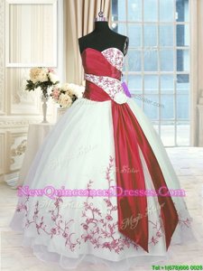 Smart White And Red Sleeveless Floor Length Embroidery and Sashes|ribbons Lace Up 15 Quinceanera Dress