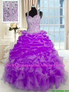 Sleeveless Organza Floor Length Zipper Quince Ball Gowns inLilac withBeading and Ruffles