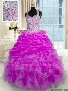 Fancy Fuchsia Organza and Taffeta Zipper Straps Sleeveless Floor Length Ball Gown Prom Dress Beading and Ruffles and Pick Ups