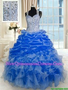 Discount Royal Blue Organza Zipper Vestidos de Quinceanera Sleeveless Floor Length Beading and Ruffles and Pick Ups