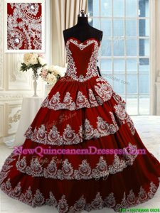 Extravagant With Train Wine Red Quinceanera Dresses Taffeta Court Train Sleeveless Spring and Summer and Fall and Winter Beading and Appliques and Ruffled Layers