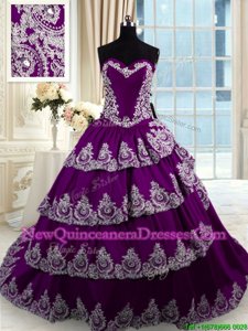 Pretty Purple Ball Gowns Sweetheart Sleeveless Taffeta With Train Court Train Lace Up Beading and Appliques and Ruffled Layers Ball Gown Prom Dress