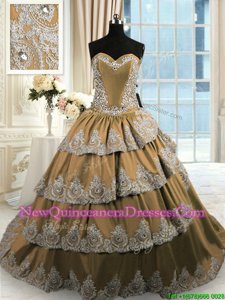 Edgy With Train Lace Up Vestidos de Quinceanera Brown and In for Military Ball and Sweet 16 and Quinceanera withBeading and Appliques and Ruffled Layers Court Train