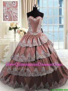 Customized Brown Sleeveless With Train Beading and Appliques and Ruffled Layers Lace Up Quinceanera Gown