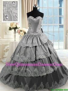 Captivating Ruffled Sweetheart Sleeveless Court Train Lace Up Quinceanera Gown Grey Taffeta