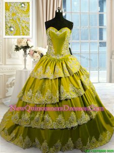 Traditional With Train Olive Green Vestidos de Quinceanera Taffeta Court Train Sleeveless Spring and Summer and Fall and Winter Beading and Appliques and Ruffled Layers
