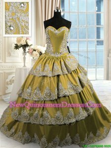 Great Sleeveless Satin With Train Lace Up 15th Birthday Dress inOlive Green withBeading and Appliques and Ruffled Layers