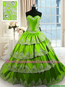 Top Selling Taffeta Sweetheart Sleeveless Court Train Lace Up Beading and Appliques and Ruffled Layers Quince Ball Gowns inGreen