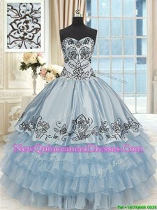 Artistic Light Blue Ball Gowns Beading and Embroidery and Ruffled Layers Quince Ball Gowns Lace Up Organza and Taffeta Sleeveless Floor Length