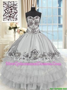 High Quality Grey Ball Gowns Halter Top Sleeveless Organza and Taffeta Floor Length Lace Up Beading and Embroidery and Ruffled Layers Vestidos de Quinceanera