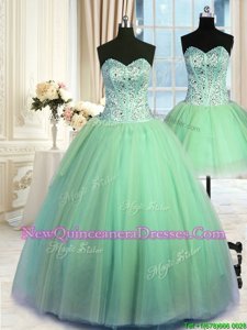 High Quality Three Piece Ball Gowns Quinceanera Gown Spring Green Sweetheart Tulle Sleeveless Floor Length Lace Up