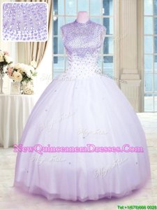 Fancy Tulle High-neck Sleeveless Zipper Beading Sweet 16 Dress inLavender