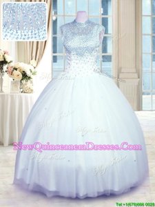 Floor Length Baby Blue Quince Ball Gowns Tulle Sleeveless Spring and Summer and Fall and Winter Beading
