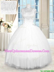 Exceptional White Zipper High-neck Beading Quince Ball Gowns Tulle Sleeveless
