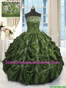 Pick Ups Green Sleeveless Taffeta Lace Up Sweet 16 Dresses for Military Ball