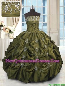 Traditional Olive Green Lace Up Strapless Beading and Appliques and Embroidery and Pick Ups Quinceanera Dress Taffeta Sleeveless