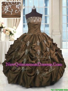 Comfortable Chocolate Taffeta Lace Up Quinceanera Dress Sleeveless Floor Length Beading and Appliques and Embroidery and Pick Ups