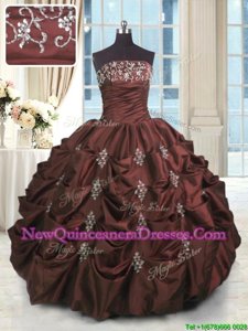 Customized Burgundy Ball Gowns Strapless Sleeveless Taffeta Floor Length Lace Up Beading and Appliques and Embroidery and Pick Ups Sweet 16 Dresses