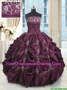 Extravagant Purple Ball Gowns Strapless Sleeveless Taffeta Floor Length Lace Up Beading and Appliques and Embroidery and Pick Ups 15 Quinceanera Dress