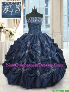 Fashion Strapless Sleeveless 15 Quinceanera Dress Floor Length Beading and Pick Ups Navy Blue Taffeta