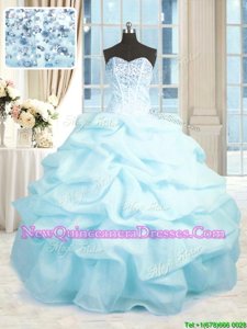 Most Popular Baby Blue Ball Gowns Sweetheart Sleeveless Organza Floor Length Lace Up Beading and Ruffles Quince Ball Gowns