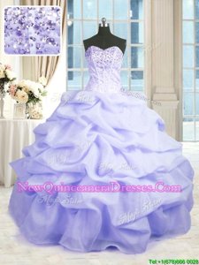 Charming Lavender Sleeveless Floor Length Beading and Ruffles Lace Up Quince Ball Gowns