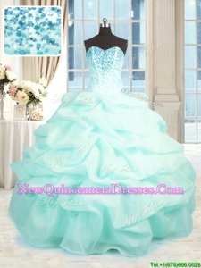Sophisticated Organza Sweetheart Sleeveless Lace Up Beading and Ruffles Quinceanera Gowns inAqua Blue