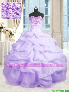 Lavender Ball Gowns Beading and Ruffles Vestidos de Quinceanera Lace Up Organza Sleeveless Floor Length