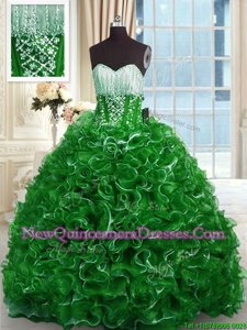 Delicate With Train Green Sweet 16 Dresses Organza Brush Train Sleeveless Spring and Summer and Fall and Winter Beading and Ruffles