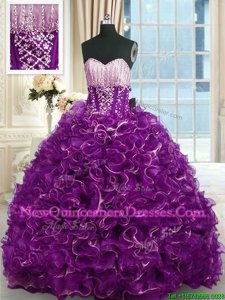 Suitable Purple Sleeveless Organza Brush Train Lace Up Quince Ball Gowns for Military Ball and Sweet 16 and Quinceanera