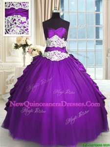 Modern Purple Ball Gowns Sweetheart Sleeveless Taffeta Floor Length Lace Up Beading and Lace and Ruching and Pick Ups Quinceanera Dress