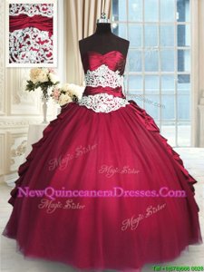 Sweetheart Long Sleeves Quinceanera Gowns Floor Length Beading and Lace and Ruching and Pick Ups Red Taffeta and Tulle