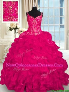 Classical Hot Pink Lace Up Quinceanera Dresses Beading and Embroidery and Ruffles Sleeveless Brush Train