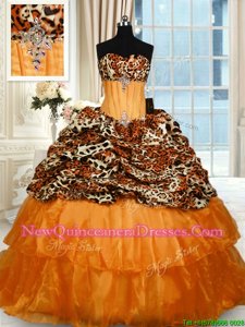 Sophisticated Printed Ruffled Orange 15 Quinceanera Dress Strapless Sleeveless Sweep Train Lace Up