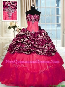 Printed Red Lace Up Quinceanera Dress Beading and Ruffled Layers Sleeveless Sweep Train