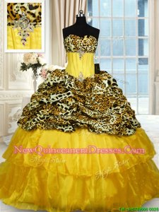 Custom Design Printed Gold Quince Ball Gowns Military Ball and Sweet 16 and Quinceanera and For withBeading and Ruffled Layers Sweetheart Sleeveless Sweep Train Lace Up