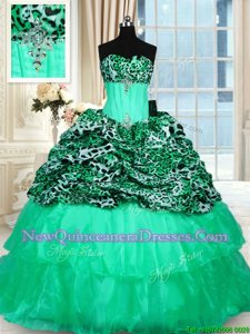 Turquoise Vestidos de Quinceanera Organza and Printed Sweep Train Sleeveless Spring and Summer and Fall and Winter Beading and Ruffled Layers