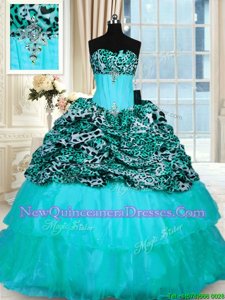 Colorful Ruffled Strapless Sleeveless Sweep Train Lace Up 15th Birthday Dress Aqua Blue Organza and Printed