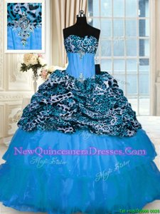 On Sale Ruffled Sweetheart Sleeveless Sweep Train Lace Up Quinceanera Dress Baby Blue Organza and Printed